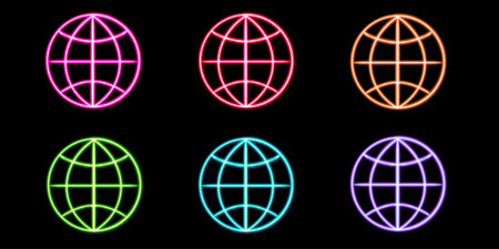 set internet web glowing desktop icon, neon sticker, neon global connection figure, glowing figure, neon geometrical figuresの写真素材
