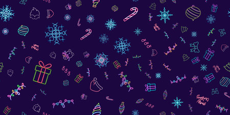 Neon Christmas Seamless Pattern, Glowing Santas Beard Illustration, Bright Festive Design. glowing...