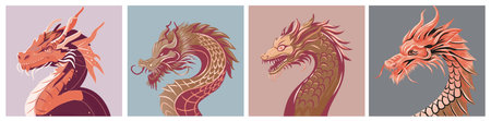 vector dragon collection. Set of Chinese New Year symbol - dragon. Purple dragon, green, gold and gray dragon graphicのイラスト素材