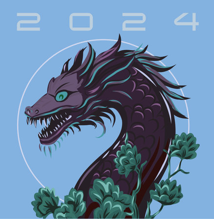 Dragon 2024 banner. Vector poster calendar oriental Chinese New Year. Year of the Dragon paper cut. Bright colored zodiac dragon. Poster cardのイラスト素材
