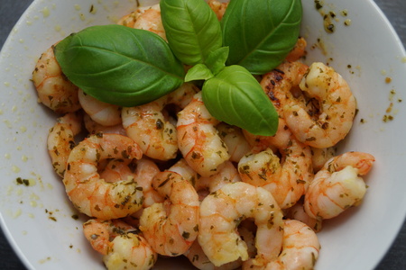 Salmon steak with shrimpsの写真素材