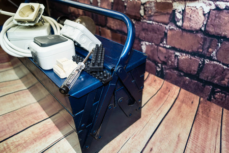 Toolbox with electronic material and equipment for installationの写真素材