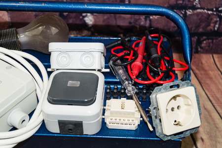 Toolbox with electronic material and equipment for installationの写真素材