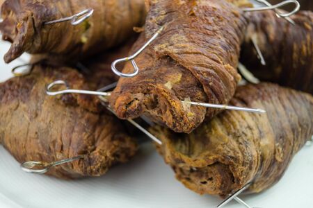 Traditional german food beef roulade with red cabbageの写真素材