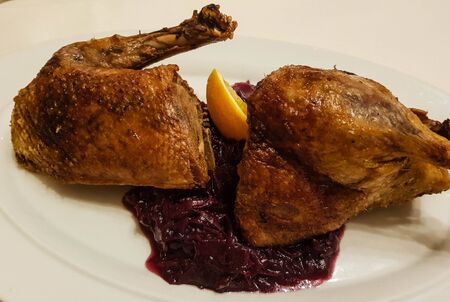 Crispy roasted duck with red cabbageの写真素材