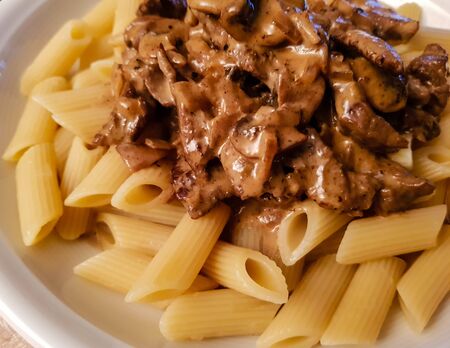 Filet Steak a la bouef stroganoff on penne noodles