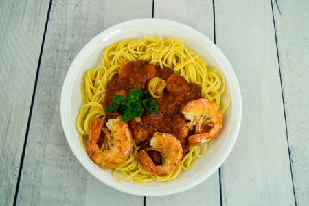 Prawns and scampi you need for the Italian specialty Spaghetti ala Busaraの写真素材