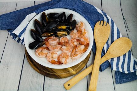 Mussels and prawns beloved seafoodの写真素材
