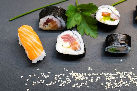 Different Kinds of asia seafood sushiの写真素材