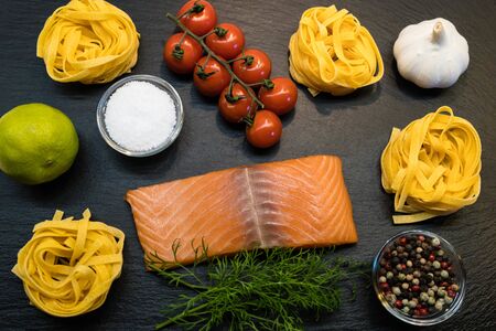 Italian Ribbon Pasta with Salmonの写真素材