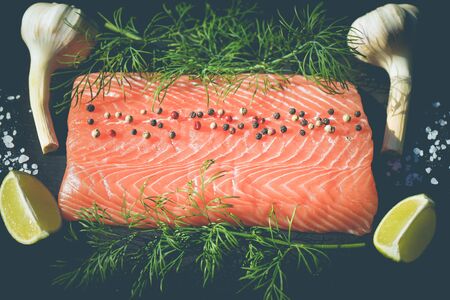 Fresh Salmon Steak with herbs and spicesの写真素材