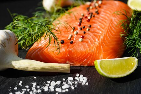 Fresh Salmon Steak with herbs and spicesの写真素材