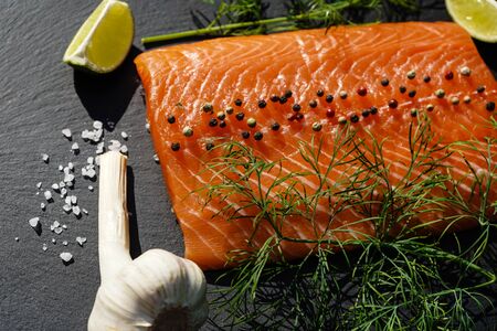 Fresh Salmon Steak with herbs and spicesの写真素材