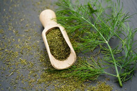 Dill herb Anethum graveolens and a wooden spoonの写真素材