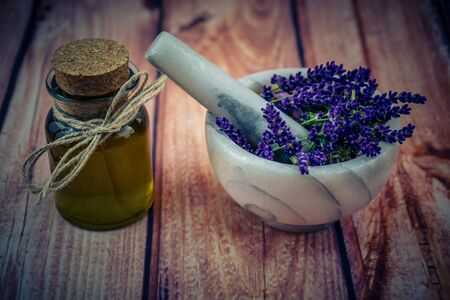 Alternative medicine with Fresh lavender Lavandula angustifoliaの写真素材