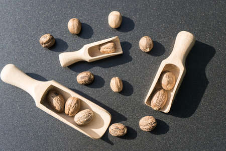 dried, dark brown, grated nutmeg seed kernel used as a spiceの写真素材