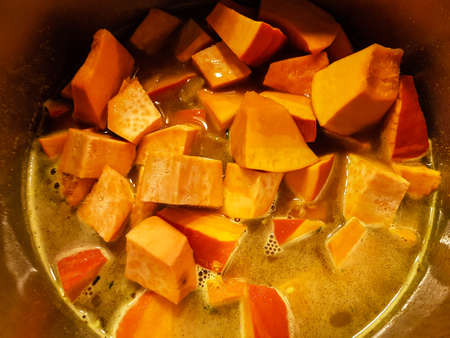 soup of the orange Hokkaido pumpkin cucurbita maximaの写真素材