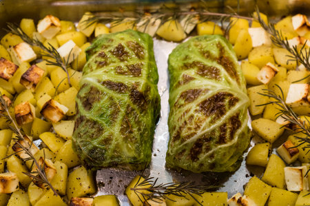 finely seasoned lamb fillet wrapped in savoy cabbage leavesの写真素材