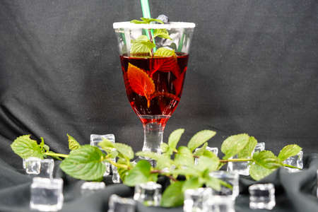 red cocktail with green mint leaves and ice rocksの写真素材