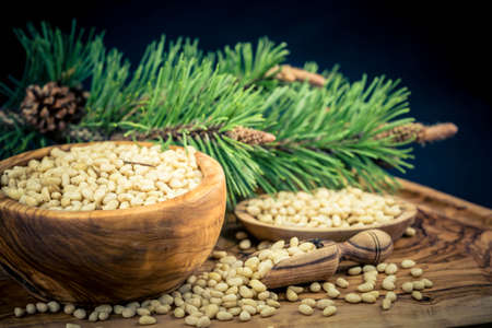 Cedar cones and nuts on olive woodの写真素材