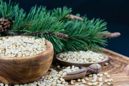 Cedar cones and nuts on olive woodの写真素材