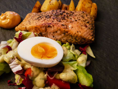 grilled salmon with herbs and spicesの写真素材