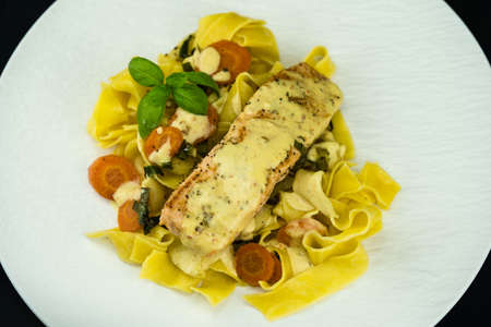 Italian Pappadelle Pasta with Salmonの写真素材