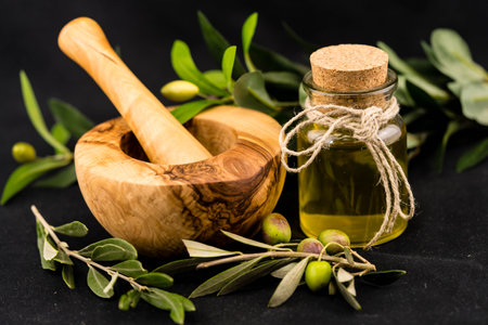cold pressed olive oil with branch and fruitsの写真素材