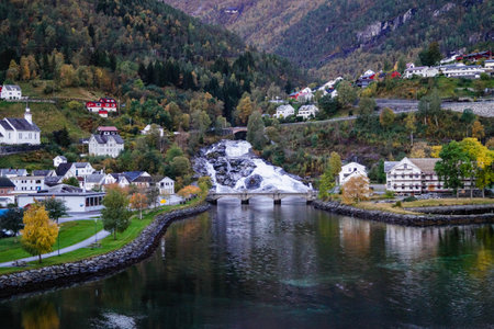 little town Hellesylt in Norway with the famous waterfall Hellesyltfossenの写真素材