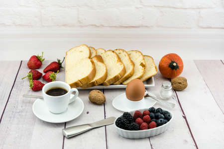 Breakfast with bread egg and coffee