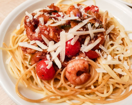 Spaghetti alla busara pasta with shrimps an Italy specialtyの写真素材