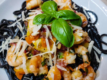 Spaghetti alla busara pasta with shrimps an Italy specialtyの写真素材