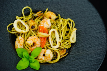 Spaghetti frutti di mare pasta with a seafood mix an Italy specialtyの写真素材