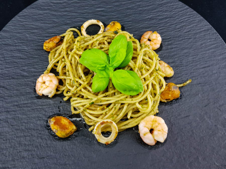 Spaghetti frutti di mare pasta with a seafood mix an Italy specialtyの写真素材