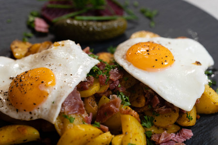 Farmers Breakfast with ham eggs and fried potatoesの写真素材