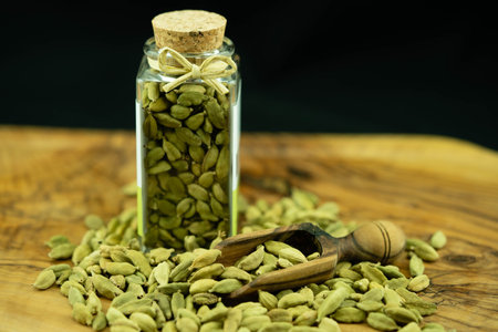 green cardamom Elettaria cardamomum on olive woodの写真素材