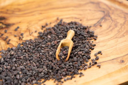 many salt crystals on olive woodの写真素材