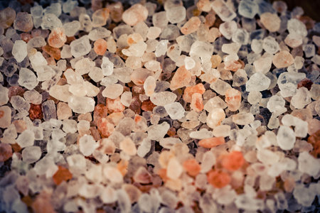 many salt crystals on olive woodの写真素材