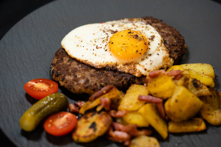 Hacksteak a la Meier Beefsteak with fried eggs and roasted potatoesの写真素材