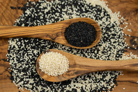 sesame seeds on olive wood