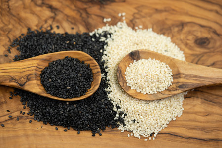 sesame seeds on olive wood