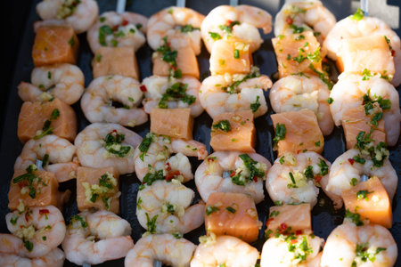 Charcoal grilled fish and other seafoodの写真素材