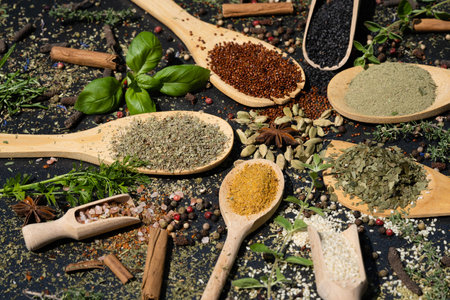 fresh and dried herbs and spices from all over the worldの写真素材