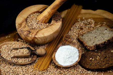 a pile of spelt Triticum aestivum spelta on olive wood