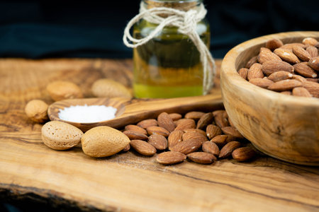 fresh brown almonds prunus dulcis for bakingの写真素材