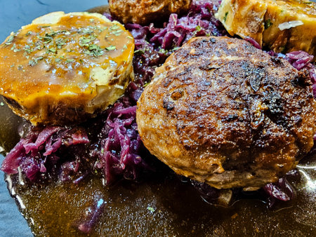 Fried meatballs with cabbage and parsley potatoesの写真素材