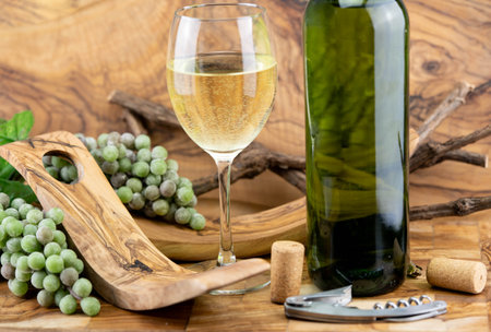 white wine grapes on olive woodの写真素材