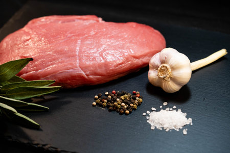Garden herbs and fresh raw veal for schnitzel