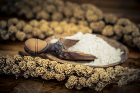 Dried millet flour on olive woodの写真素材