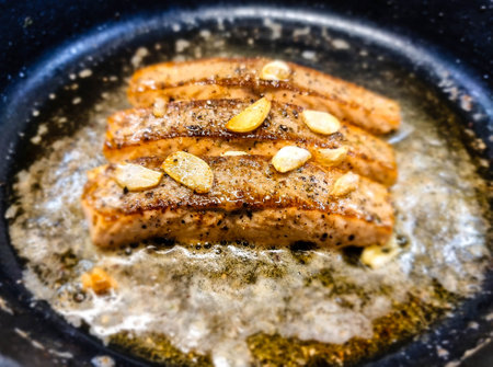 Fresh Salmon fillet with herbs and spicesの写真素材